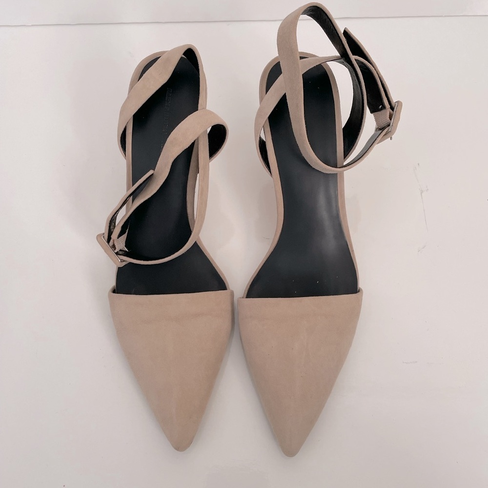 Alexander Wang suede heel shoe with ankle strap.